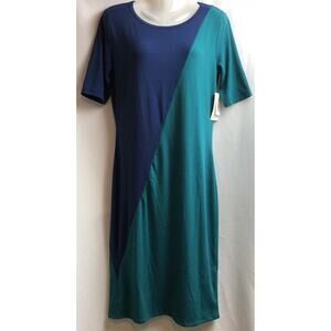 LuLaRoe Julia Dress Women Size M Blue Green Colorblock Midi Stretch Fit Comfort